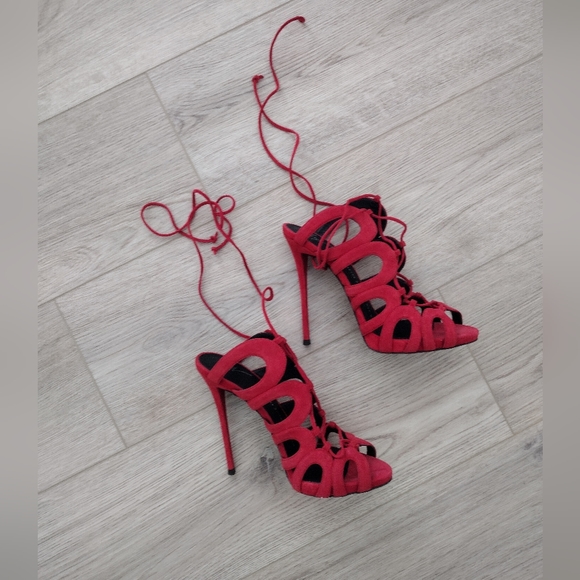 NEW Giuseppe Zanotti Caged Lace Up Red Suede Heels Size 38 - Picture 7 of 8